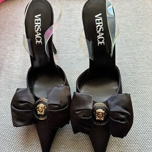 Versace Black Heels with Bow and Medusa Detail